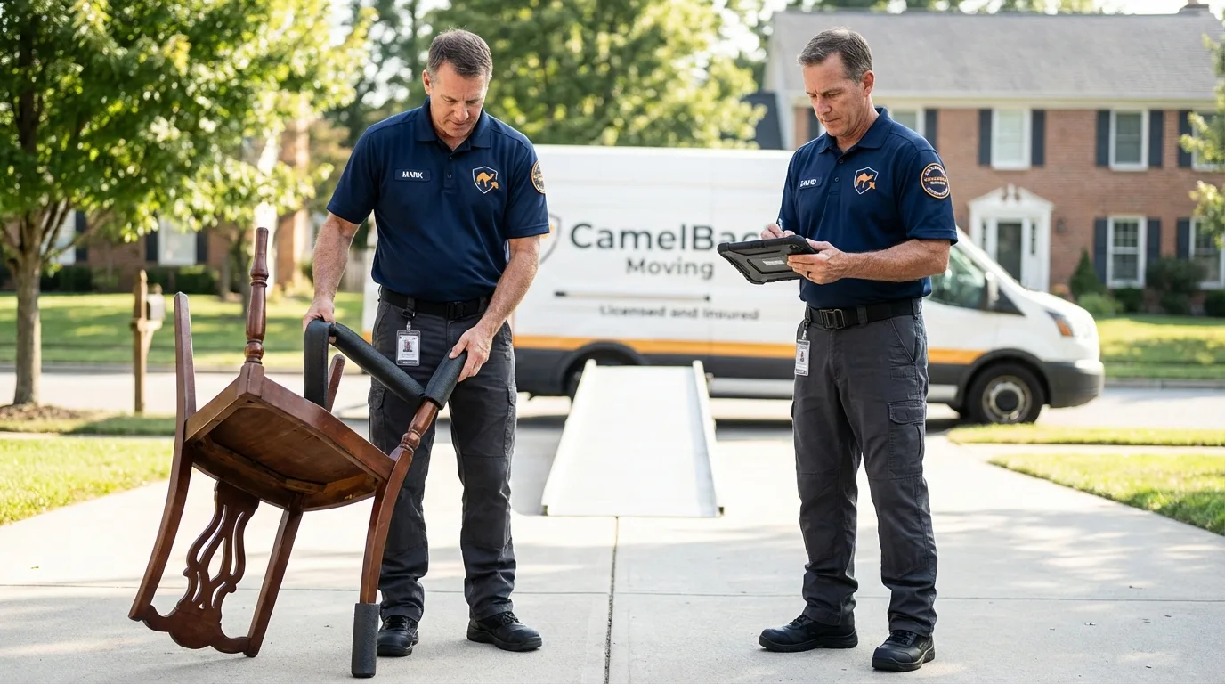 Movers inspecting furniture for damage prevention before loading in Mountain View, WY