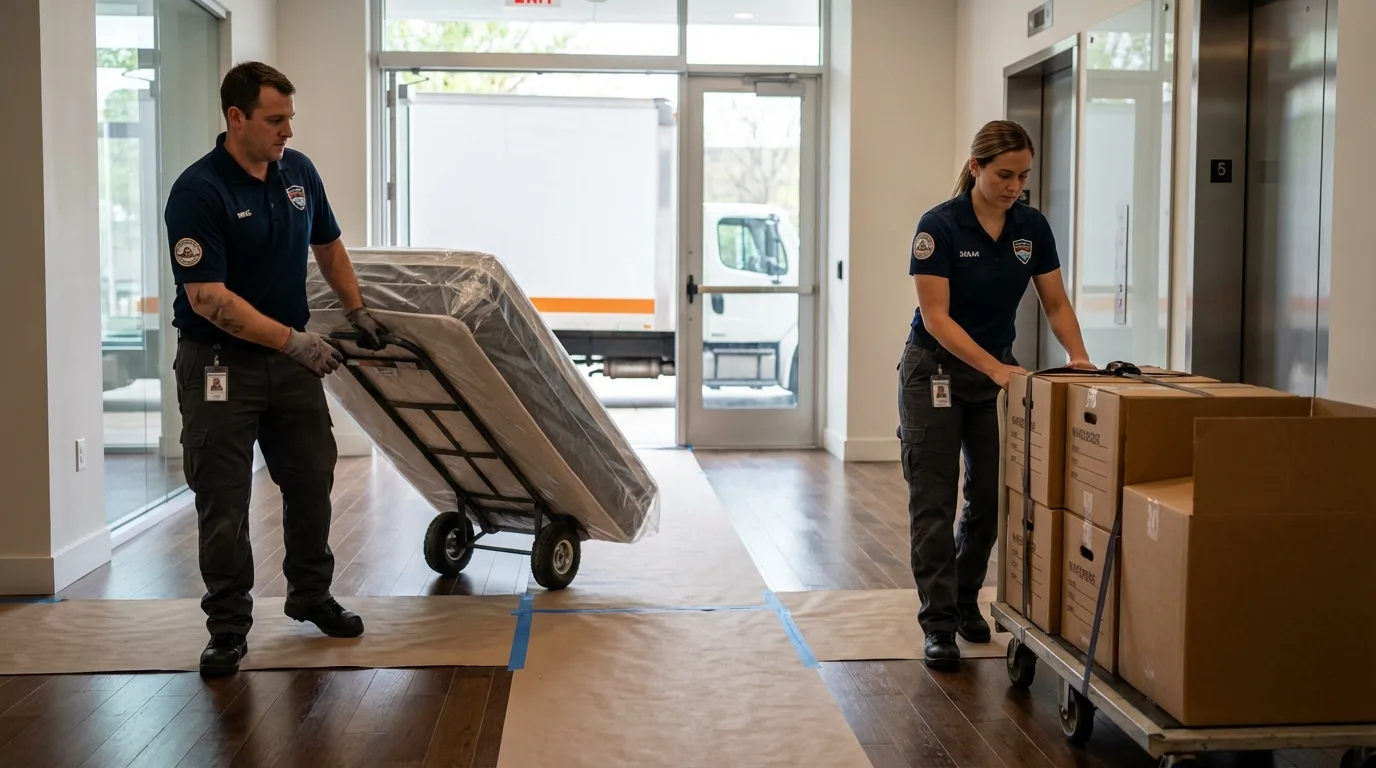 Professional apartment movers loading elevator in Mountain View, WY